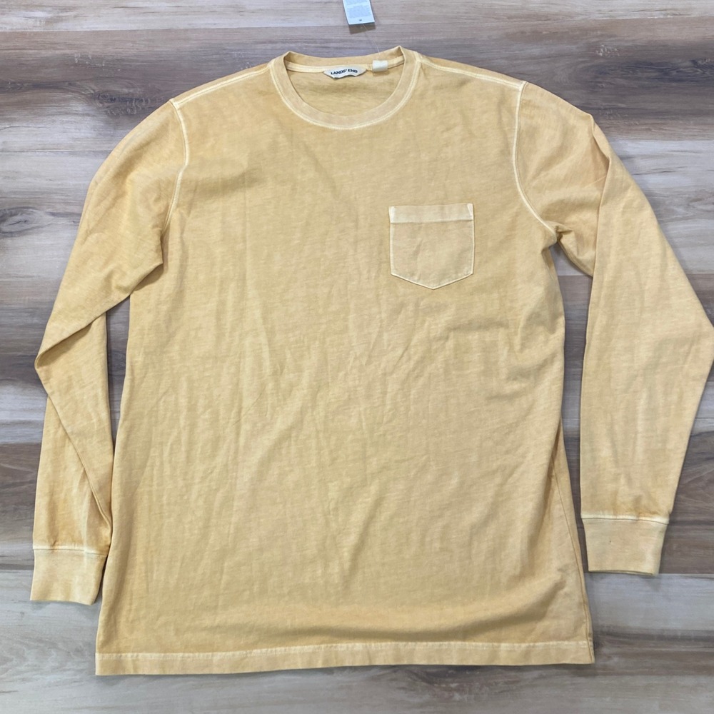 Lands End Long Sleeve Pocket T-Shirt Size M/T Tall Cotton Garment Dye Yellow